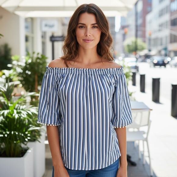 Trina Turk Tops - Trina Turk Small Top Sleeveless Blouse Blue Striped Preppy Coastal Poms Coastal